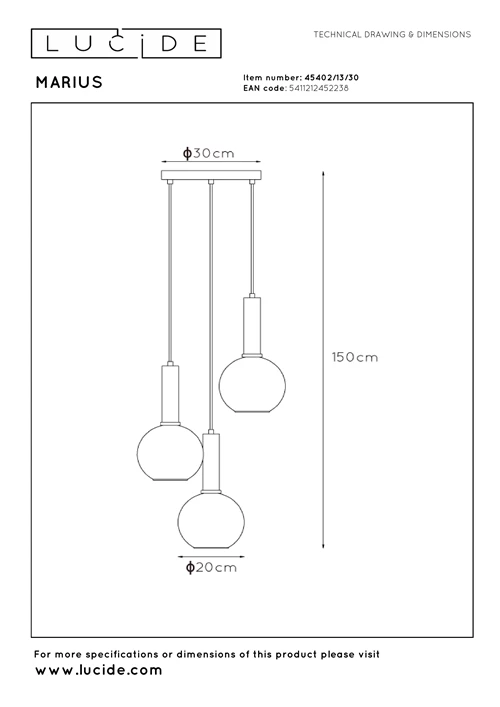 Lucide MARIUS - Pendelleuchten - Ø 48,5 cm - 3xE27 - Schwarz - technisch